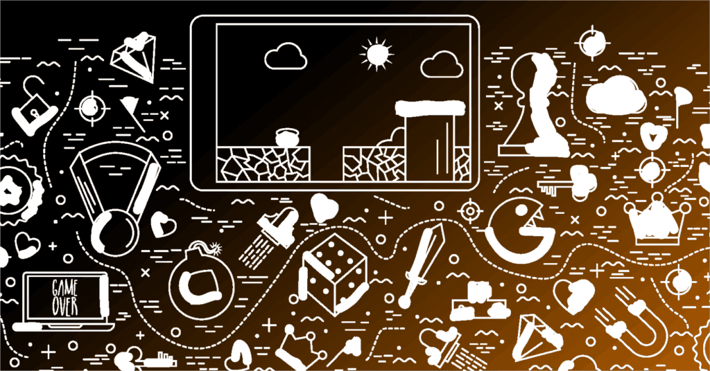 Grafik zum Thema Gamification, was Icons und Illustrationen von Tablet und Game-Elementen zeigt