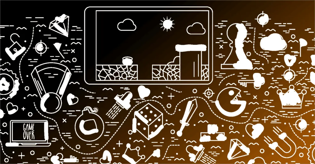 Grafik zum Thema Gamification, was Icons und Illustrationen von Tablet und Game-Elementen zeigt