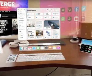 Foto zum Thema Apple Glases, wo ein User Interface frei schwebend auf einem realen Schreibtisch erscheint
