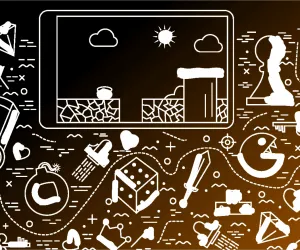 Grafik zum Thema Gamification, was Icons und Illustrationen von Tablet und Game-Elementen zeigt