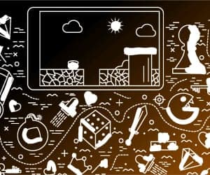Grafik zum Thema Gamification, was Icons und Illustrationen von Tablet und Game-Elementen zeigt